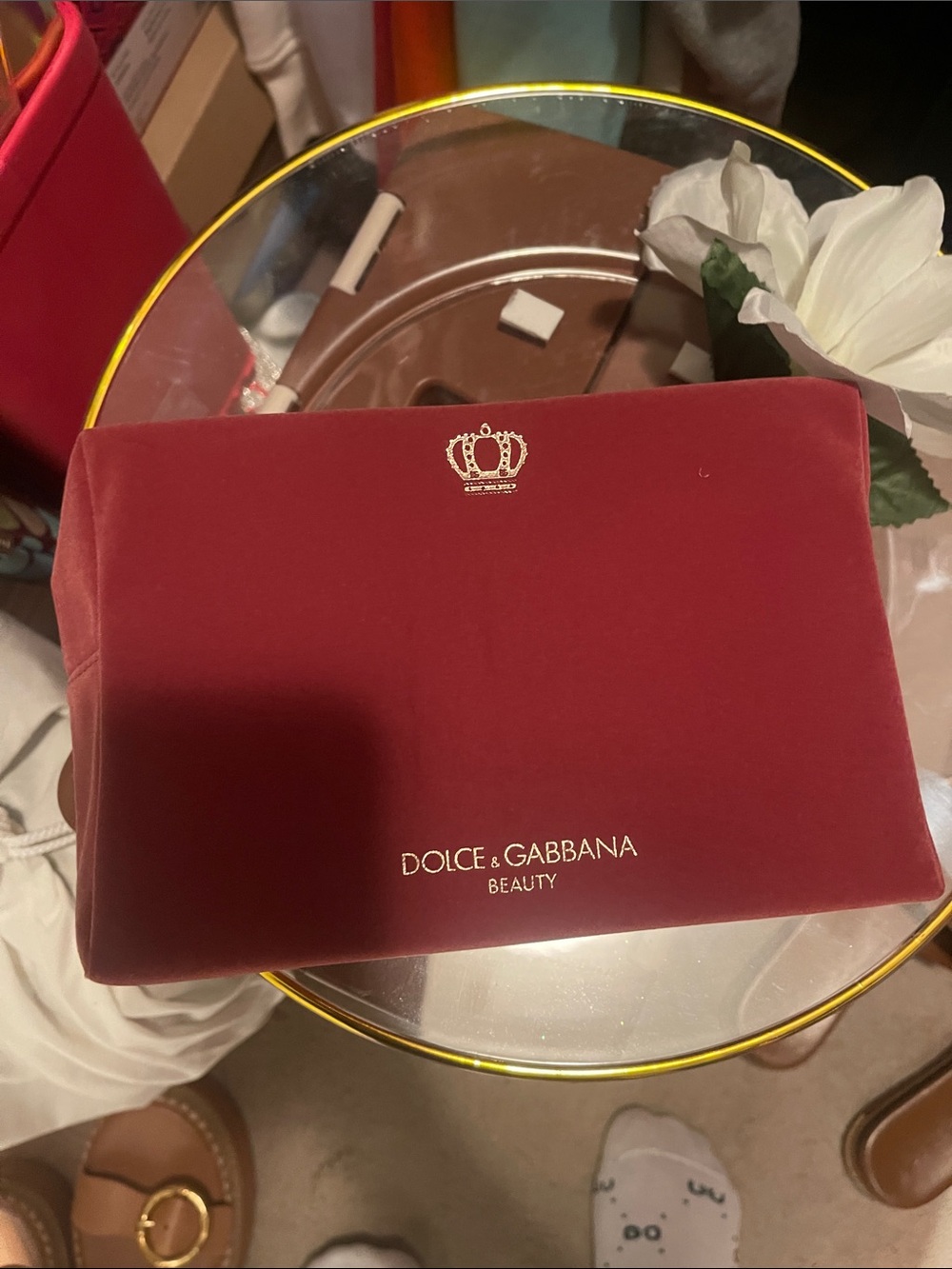 Dolce & Gabbana Velvet Cosmetic Pouch in Wine Red with Gold Logo